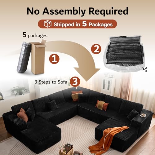 Image of ovios Sectional Cloud Couch for Living Room, Modular Floor Sofa with Plush Corduroy, No Assembly Required, Big Comfy Couches Set with Fluffy Memory Foam, Stupendous U Shaped Sofas with Chaise, Black