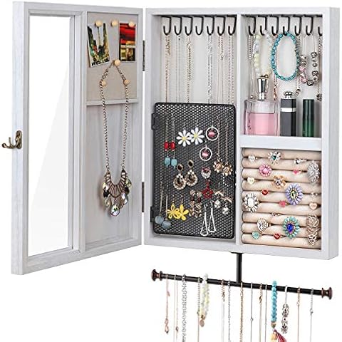 Keebofly Wall Mounted Jewelry Organizer With Rustic Wood Large Space Jewelry Cabinet, Holder, Storage Box for Necklaces, Earrings, Bracelets, Ring Holder, and Accessories White Cover
