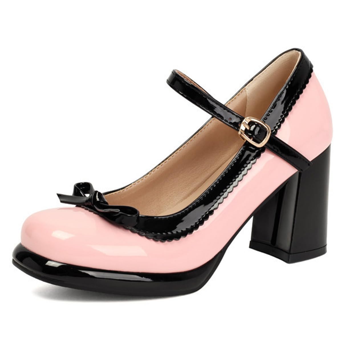 Zapatos Estilo Preppy Mujer Mary Jane Lazo Tacón Bloque Charol