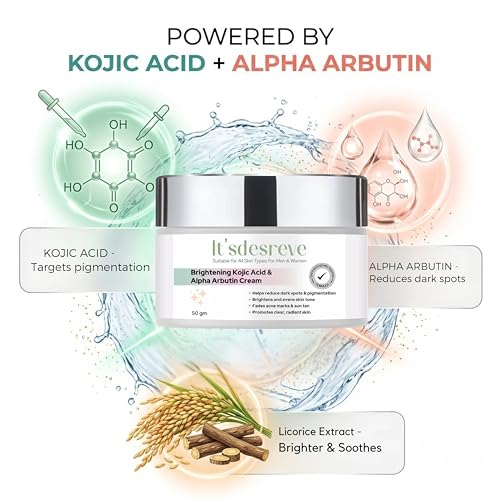 Image of Kojic Acid Cream for Dark Spots, Pigmentation, Melasma & Acne Marks Removal with Alpha Arbutin | Skin Brightening Cream for Men & Women | Uneven Skin Tone Corrector 50g