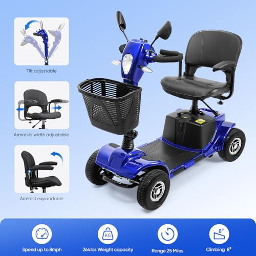 4 Wheel Mobility Scooters, Upgrade Electric Power Mobile Scooter for Seniors Adult with Lights Collapsible and Compact Duty Travel w/Basket Extended Battery