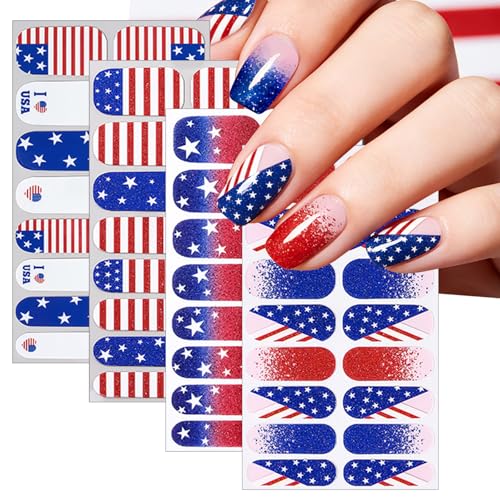 4th of July Glitter Gradient Nail Wraps Stickers Patriotic Nail Stripes and Stars Memorial Day Self-Adhesive Full Wraps for Women Patriotic American Nail Strips Manicure Design with Nail File 4 Sheets