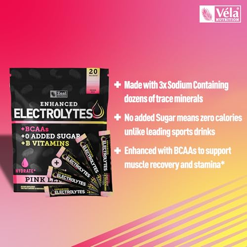 Image of Zeal Naturals Enhanced Electrolyte Powder Stick Packs (Pink Lemonade - 20 Packets) Sugar Free + BCAA B-Vitamins & Pink Himalayan Salt - Keto Electrolytes, Hydration Powder