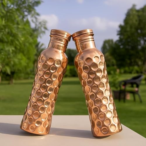Image of Pure Copper Water Bottle - Golden Wave Design - 32 oz | Handmade Ayurvedic Copper Vessel for Health & Wellness | Leak-Proof, BPA-Free, Eco-Friendly Gift Bottle
