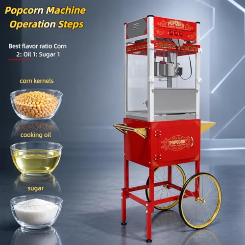 Image of 32oz Commercial Popcorn Machine, Retro Red Pop Corn Popper Cart | 32OZ Non-stick Stainless Steel Kettle, 3-Switch Control, Home Theater Style for Movie Night, Party, Office, School, Business