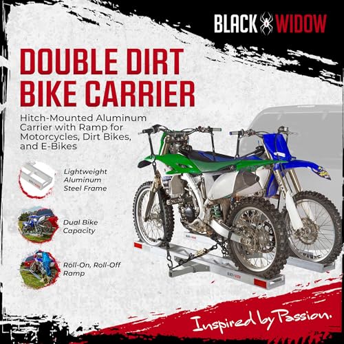 Image of Black Widow Aluminum Dual Dirt Bike Hitch Carrier with Ramp for Truck & SUV, 600-Pound Capacity - Non-Folding Motorcycle, eBike & Fat Tire Bike Hauler, Fits 2-Inch Class III /IV Receiver