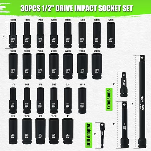 Image of SUNHZMCKP 30-Piece 1 /2 inch Drive Impact Socket Set, SAE (3 /8 inch- 1 inch) and Metric (10mm-24mm) Deep Socket Set, Including Impact Extension Bar 3 inch, 5 inch, 10 inch and 1 /2 inch Socket Adapter, 6 Point Design, CR-V