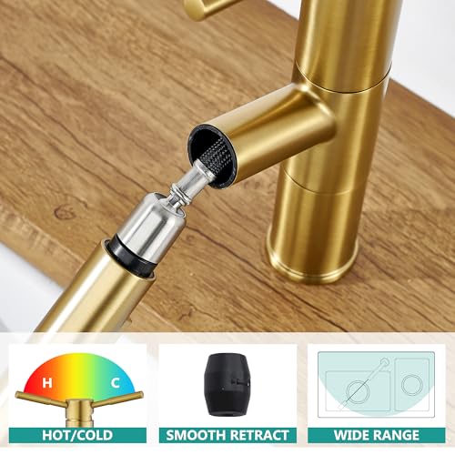 Fropo YG-KF-058G Gold Kitchen Faucets, Brushed Gold Kitchen Faucet With Pull Down Sprayer, Modern Stainless Steel Kitchen Sink Faucet, Low Arc Small Kitchen Faucet thumb #5