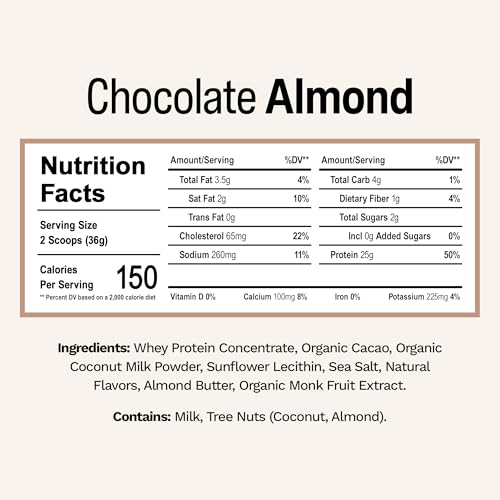 Image of Rise Grass-Fed Whey Protein Powder - Chocolate Almond | 25g Protein No Artificial Flavors, Colors, or Preservatives - Sugar Free, Gluten-Free, Soy Free (Single Serving, 1 Pack)