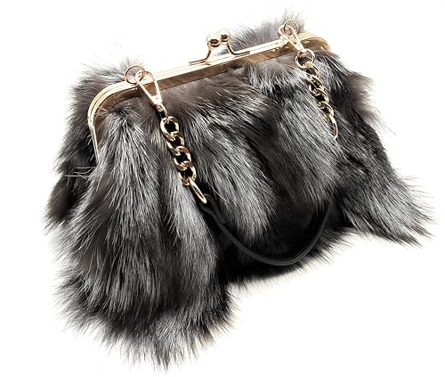 Genuine Silver Fox Fur Handbag – Uncolored Natural Fur Purse with Dual Straps, Unique Design Women’s Shoulder Bag