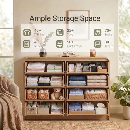 Image of FURSUN Fluted 8 Drawers Dresser for Bedroom, 55 inch Wide Wooden Dresser with Metal Handle, Curved Profile Design, Modern Storage Organizer for Bedroom, Living Room, Hallway, Natural Oak