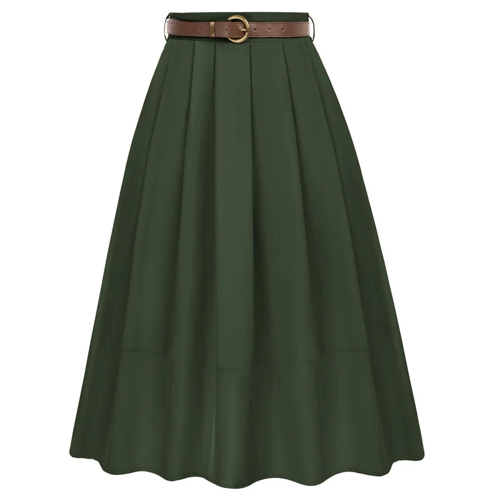 Gonna Midi con Tasche da Donna, Gonna Elasticizzata con Orlo a Pieghe a Vita Alta con Cintura, Elegante da Donna-Army Green-XL