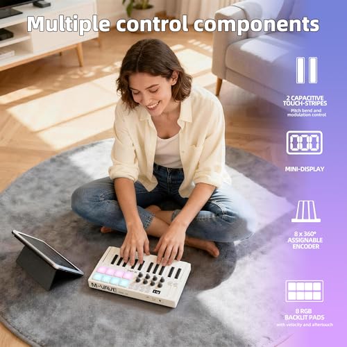 Image of 25-Key Wireless Bluetooth MIDI Keyboard Controller with 8 Assignable Knobs, USB-C Rechargeable, Arpeggiator & Chord Modes for Mac /PC /iOS /Android - White