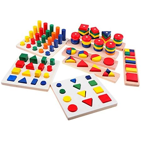 Amazon Co Jp 木のおもちゃ 知育玩具セット 形合わせ はめこみ パズル 幾何学認知 棒さし タワー 8点入り ベビー マタニティ