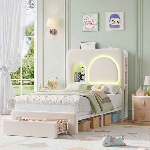 Image of Keyluv Twin Size LED Bed Frame with Storage Bookcase Headboard & Charging Station, Velvet Upholstered Platform Bed with Drawer & USB Ports, Sturdy Metal Support, No Box Spring Required, Beige