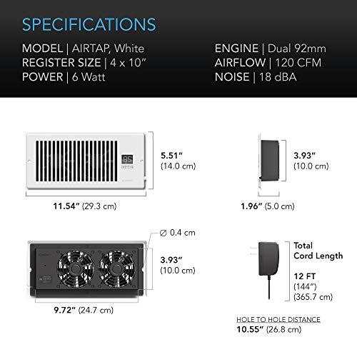 Ac Infinity Airtap T4, Quiet Register Booster Fan With Thermostat Control. Heating Cooling Ac Vent. Fits 4” X 10” Register Holes. #TOP5