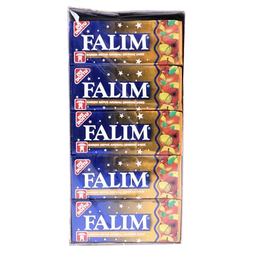 Falim Kaugummi Karışık Meyve 20 Einzelpackungen à 5 Stück (100st) zuckerfreier mit Tutti Frutti Geschmack türkischer Kaugummi im blau-orangenen Design zahnschonend & langanhaltend
