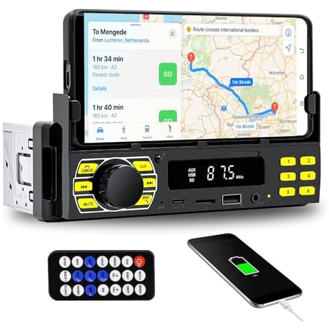 UNITOPSCI Single Din Car Stereo Car MP3 Radio with Bluetooth 5.1 Hands-Free Calling & Audio, USB/SD/AUX-in with Mobile Phone Holder, App Locate for Car, 2.1A Type-C Charge, FM Radio + Remote Control Cover