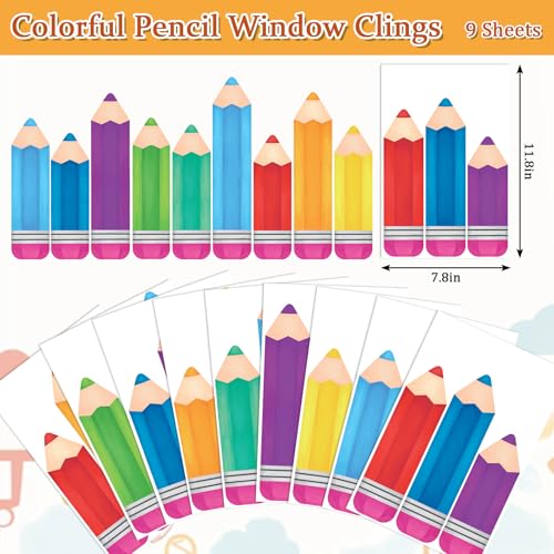 Image of Whaline 9 Sheet Colorful Pencil Window Clings Back to School Rainbow Color Pencil Reusable Window Decals for First Day of School Home Nursery Classroom Decor