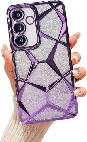 Image of VONZEE Gradient Glitter Clear Case for Samsung S25 Plus, Luxury Electroplated 3D Cube, Diamond Bling Shiny Soft TPU Clear Shockproof Women Girls Protective Phone Cover (Deep Purple)