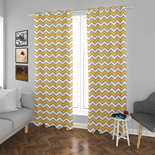 Image of HOMEMONDE Set of 2 Curtains Cotton 9 Feet Long Door Curtain Hang with Eyelets Yellow Chevron
