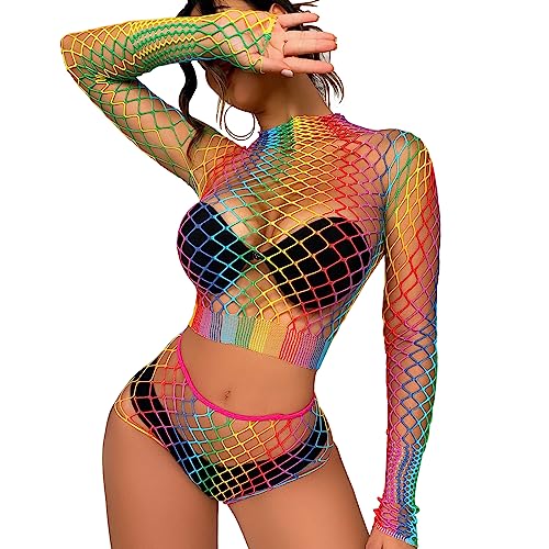 QCWQMYL Lingerie for Women Rainbow Fishnet Colored Lingerie Costume Mini Beach Cover Ups Womens Exotic Lingerie Sets Teddy BabyDoll