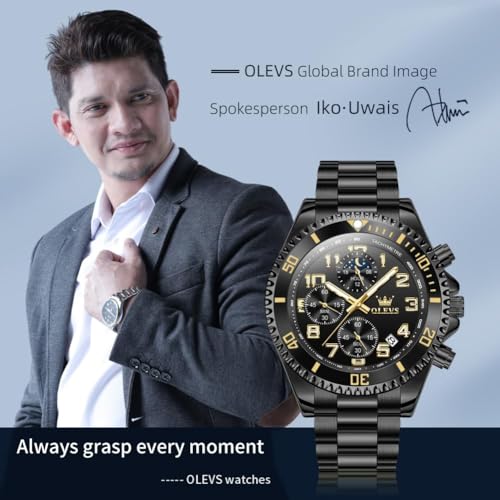 OLEVS Men's Business Watch Gold Blue with Large Easy-Read Analog Quartz Date Display Luxury Stainless Steel Band Waterproof Luminous Hands