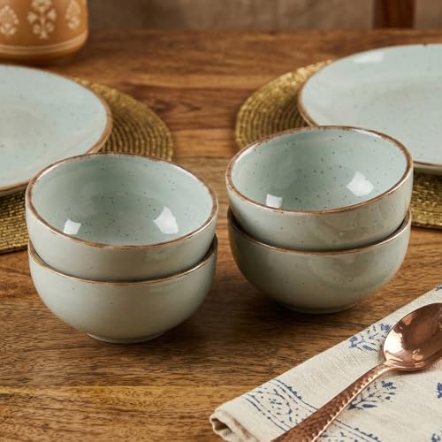 Image of The Earth Store Glossy Mint Marble Ceramic Dinner Set of 18 Pieces Serving for 6, Microwave and Dishwasher Safe Plates & Bowls for Dining, Bone-Ash Free Crockery Set for Dining and Gifting