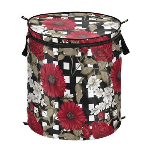 Floral Red Flowers on Black and White Gingham Foldable Basket for Laundry, Laundry Folding Bag, Laundry Basket for Room