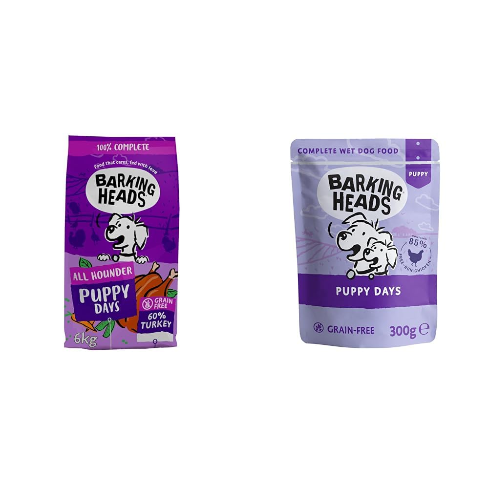 Bundle of Barking Heads All Hounder Puppy Days Turkey Dry Food 6kg + Barking Heads Chicken Puppy Days 300g x 10 Wet food
