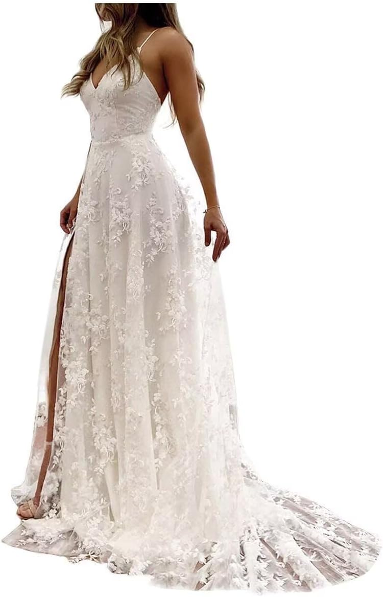 RYANTH Women's Lace Appliques Wedding Dresses for Bride V Neck Boho Bridal Gown Beach Wedding Dress with Train RWDD92