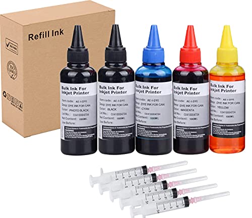 Ink Refill kit 5x100ml for Canon 250 251 270 271 280 281 225 226 1200 2200 PG210 CL211 PG245 CL246 Refillable Ink Cartridge with 5 Syringes (PBK, BK, C, M, Y)