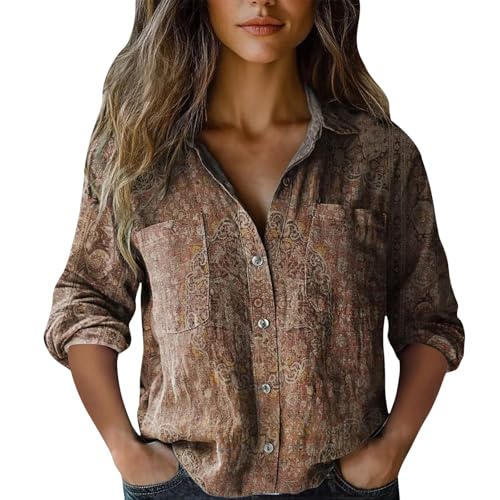 Linen Boho Tops for Women Hippie 3/4 Length Sleeve Tops Button Up Shirts Vintage Floral Printed Loose Blouses Cato Fashions Women's Cotton Linen Embroidered Boho Shirt for Women 2025 Petite B-Brown