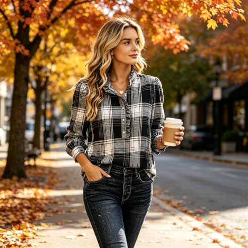 Ruffle Tops for Women Dressy Casual Long Sleeve Henley Gingham Top - image 2