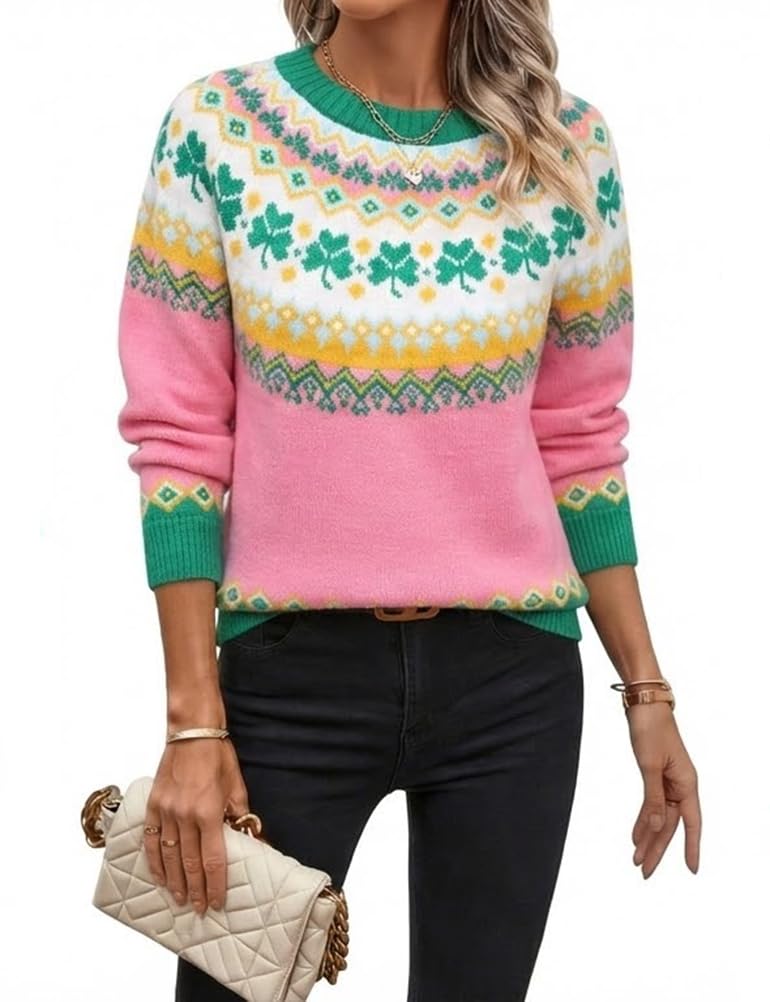 Mywinway Christmas Sweater for Women Checkered Cute Vintage Xmas Patterned Knit Pullover Sweaters Outfits