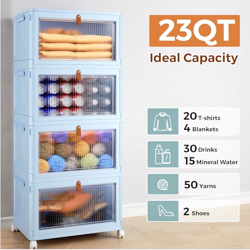 4 Tier Stackable Plastic Storage Bins with Lid and Wheels - 23 QT Closet Organizers and Storage, Foldable Storage Containers, Organization and Storage Boxes for Craft, Home, Pantry, Dorm,Blue