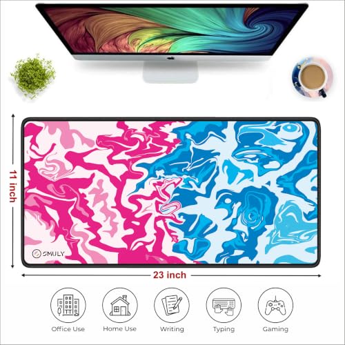 Image of Pink Blue Fluid Art Large Desk Mat, Extended Mouse Pad 58.5 x 28 cm, Desk Pad, Washable Mousepad, 2mm Thick Non-Slip Rubber Base, Stitched Edges for Office, Home & Workstation (Multicolour)