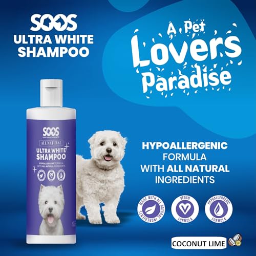 Image of Soos Ultra White Hypoallergenic Shampoo for Dogs & Cats - Natural White Brightening Formula, Gentle & Moisturizing Pet Wash for Sensitive Skin - 500ml