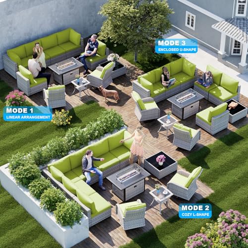 Image of 11-Piece Patio Furniture Set, Outdoor Patio Furniture with 55,000 BTU Fire Pit Table, Swivel Chairs Set, Thick Cushions, Modular Patio Sofa, Dual-Strand Rattan, Rust-Resistant Frame, Grass Green