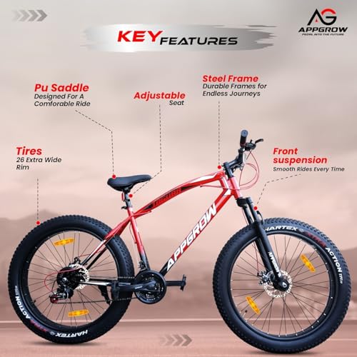 Image of Jaguar Fat Bike 21 Speed Multi Front Suspension Dual Disc Brake Branded Tyre 26 T Fat Tyre Cycle (21 Gear, Red, Black, Only Front Suspension)