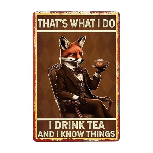 Retro That's What I Do I Read Book Dink Coffee Fox Metal Sign Vintage Fox Signs Wall Decor Funny Positive Tin Signs Fox Art Poster For Cafe Man Cave Bar Library Office 8x12 Inch