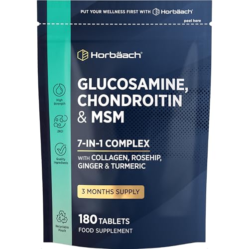 Glucosamine and Chondroitin High Strength 7-in-1 | 180 Tablets | 1200mg Complex with Glucosamine Sulphate 2KCl MSM Collagen and Ginger Root | Supplement for Men and Women | By Horbaach