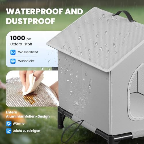 Outdoor Katzenhaus mit Erhöhten Design, Wasserdicht Katzenhaus für Draußen, Warm Hundehöhle mit Türvorhang, Waschbar Hundehaus Tierheim Für Streuner Haustiere (34x40x47cm, Grau)