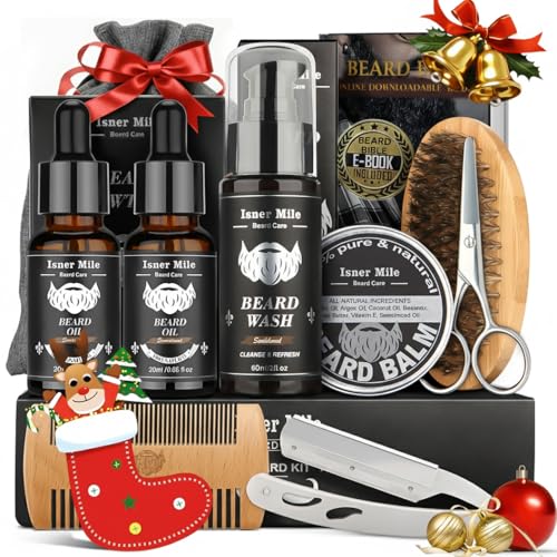 Isner Mile Beard Grooming Kit for Men Care: Trimming Sets with Beard Wash - Oil - Balm - Brush - Comb & Straight Razor, Birthday Christmas Gifts Mens Stocking Stuffers for Him Boyfriend Dad Husband