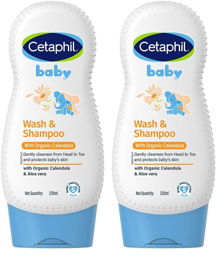 Image of Cetaphil Baby Wash & Shampoo with Organic Calendula 230 ml | Gentle Daily Cleanser for Newborns & Babies | Hypoallergenic, Dermatologist Tested, Paraben-Free (Pack of 2)