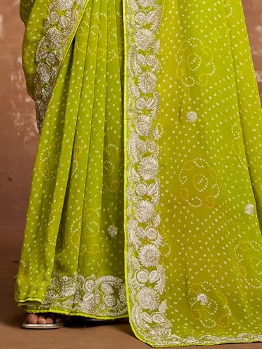 Image of Satrani Women'S Georgette Embroidery Bandhani Printed Saree With Unstitched Blouse Piece