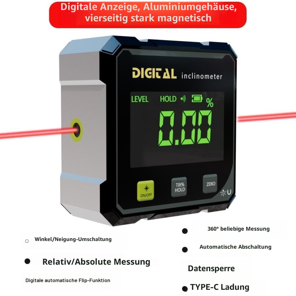 Digitaler Winkelsucher mit Elektronischem Laser - 4-seitige magnetische Winkellehre, Würfelneigungsmesser mit Hintergrundbeleuchtung, Hochpräzises Messwerkzeug für Holzbearbeitung, Tischsäge, Hängend