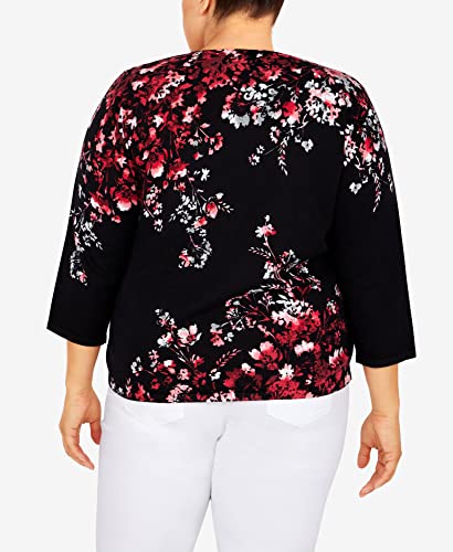 Alfred Dunner Women's Plus-Size Asymmetric Floral Print Sweater Size 3X Black/Red #TOP6
