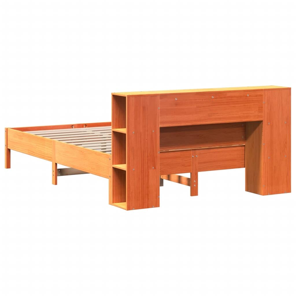 Cama de madera maciza de pino de 140 x 200 cm, color marrón cero, con estante, cabecero de lamas, cama doble, ahorra espacio, para dormitorio, habitación de invitados, habitación juven