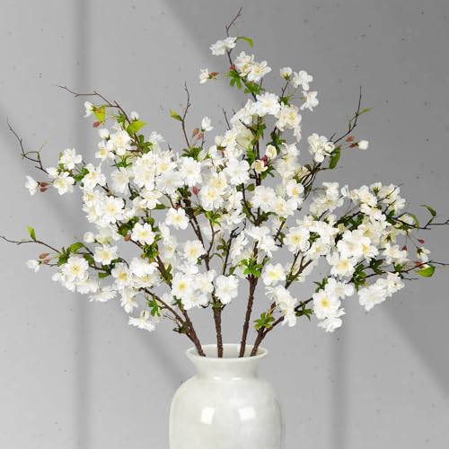 VUAHAUL Artificial Cherry Blossom Branches 31.5 4 Pack Faux Spring Flowers for Tall Vase Realistic Flower Stems for Home Decor Wedding Easter Table Centerpiece and Party Decor (Pure White)